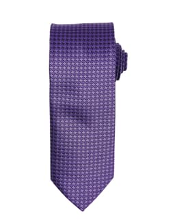 A purple tie with a textured pattern, featuring a classic design and pointed end. It has a rolled tie shape at the top.