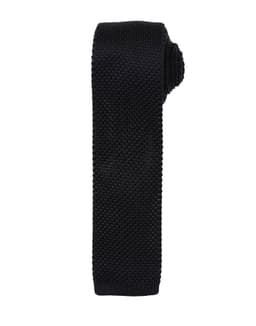 A black slim knitted tie featuring a textured design, showcasing a modern and stylish look.