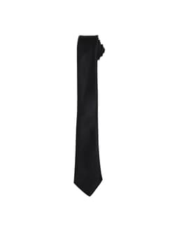 A black slim tie rolled and displayed vertically, featuring a smooth, shiny fabric and a branding logo.