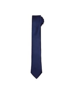 A navy slim tie with a smooth finish, neatly rolled at one end. The tie has a simple, elegant design.
