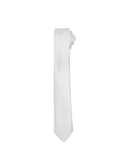 A white slim tie with a smooth finish, rolled neatly at one end. It features a discreet logo on the fabric.