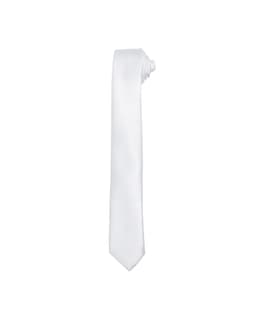 A slim white tie with a smooth finish, neatly rolled at the top, featuring a logo.