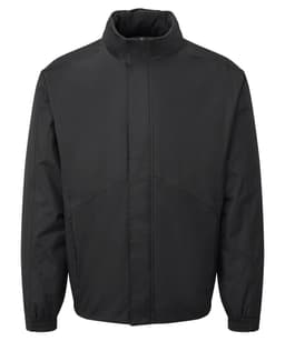 A black waterproof jacket with a high collar and long sleeves, featuring a logo.