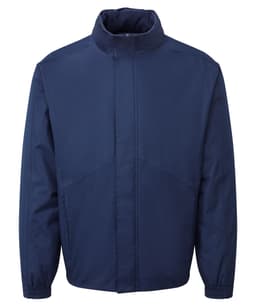 A navy waterproof jacket featuring a high collar and long sleeves, with a logo present. Suitable for rainy conditions.