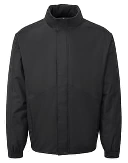 A black jacket with a high collar and zip front, featuring a simple design and no visible logos.