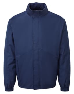 A navy blue jacket with a high collar and zip front, featuring a logo on the chest. Lightweight and durable fabric.
