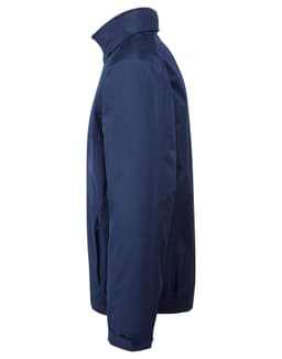 A navy jacket with a high collar, featuring zippered pockets on the sides and a sleek design.