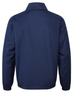 A navy jacket with a simple design and a collar, featuring a logo on the back.