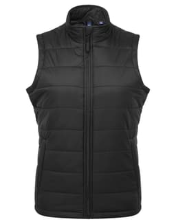 A sleeveless padded vest in black, featuring a zip front and a high collar. It has a logo present.
