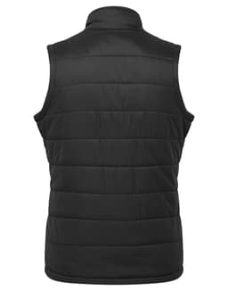A black padded vest featuring a sleeveless design and quilted texture, with a logo on the back.