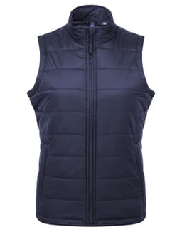 A dark navy padded vest with a high collar and zip front closure. Features stitching details and brand logo.