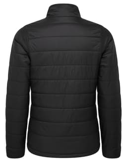 A women's padded puffer jacket in black, featuring a sleek, quilted design and a collar. Includes a logo.