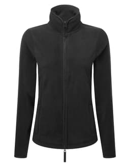A black women's artisan fleece jacket with a zip front and high collar, featuring side pockets and a logo.