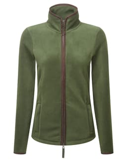 A women's polar fleece jacket in green with a zip front, high collar, and side pockets. It has a small logo.