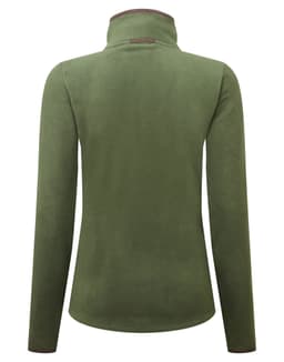 An olive green women's artisan fleece jacket with a high collar and long sleeves, featuring a small logo.
