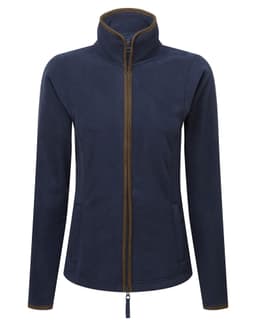 A women's navy polar fleece jacket with a zip front, high collar, and contrasting trim. Features pockets and a logo.