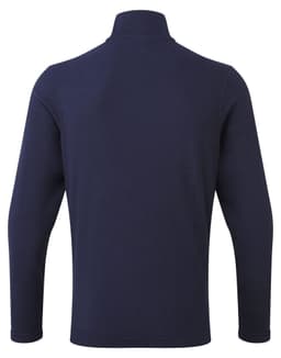 A navy blue microfleece top featuring a high collar and long sleeves, with a branding logo on the back.