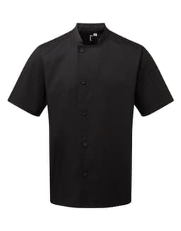 A black short-sleeve chef's jacket with a stand-up collar and button closure, featuring a pocket on the sleeve.