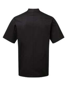 A black short-sleeved chef's jacket with a high collar and a plain back, featuring a logo.