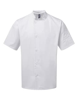 A white chef's jacket with short sleeves and a stand-up collar, featuring a logo on the chest.