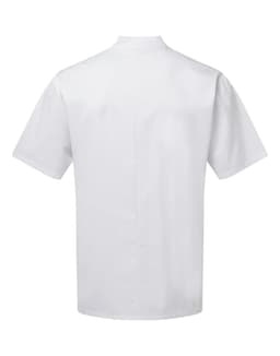 A short-sleeved white chef's jacket with a back view, featuring minimal design and a logo.