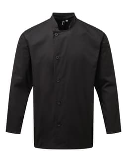 A black chef's jacket with long sleeves and a mandarin collar, featuring a logo on one sleeve.