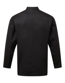 A back view of a black Chef's Essential L-S Jacket, featuring long sleeves and a simple design.