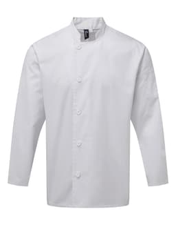 A white chef's jacket with long sleeves and a mandarin collar, featuring a logo on the left side.