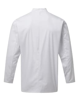 A white chef's jacket with long sleeves and a back view, featuring a simple design and a branding logo.