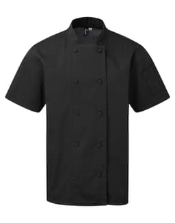 A black short-sleeve chef's jacket with a double-breasted design and a side pocket, featuring a logo.