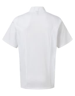 A short-sleeved chef's jacket in white, featuring a minimalist design with a collar and no visible detailing.