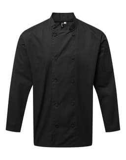 A black chef's jacket featuring a double-breasted design and long sleeves, with one sleeve pocket and a logo.