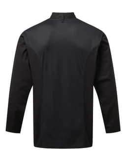 A black chef's jacket featuring long sleeves and a high collar. It has a logo on one side.