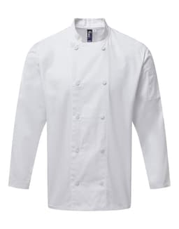 A white chef's jacket with long sleeves, featuring double-breasted buttons and a pocket. Includes a logo detail.