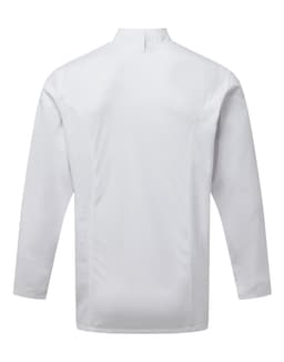 A white chef's jacket featuring a high collar and long sleeves, with a simple design and no visible logos.