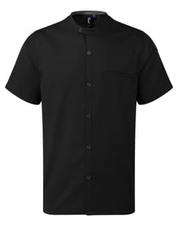 A short-sleeved black shirt featuring a mandarin collar and a single chest pocket, with a logo on it.
