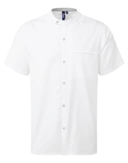 A short-sleeved, white chef's shirt with a high collar and a front pocket. It features a logo on the label.