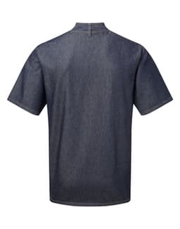 A dark denim chef jacket with short sleeves and a high collar. It features a logo on the back.