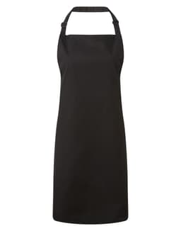 A black antimicrobial bib apron with an adjustable neck strap and a plain design. It features a logo.