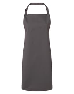 A grey antimicrobial bib apron with a halter neck and adjustable straps, featuring a branding logo.