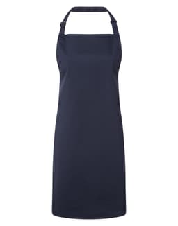A navy blue antimicrobial bib apron with an adjustable neck strap and a plain design. It features a logo on a corner.