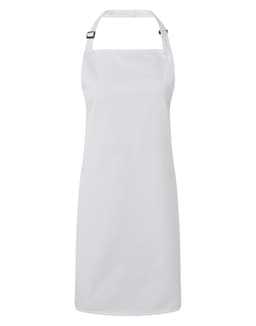 A white antimicrobial bib apron with adjustable neck strap and a branding logo.