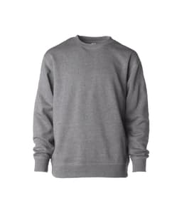 A grey crew sweatshirt with long sleeves and a round neckline. It features a logo on one side.