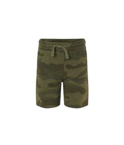 A pair of camouflage-patterned sweatshorts in shades of green, featuring an elastic waistband with a drawstring.
