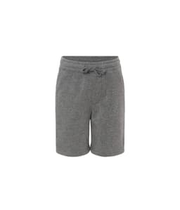 A pair of grey toddler sweatshorts with an elastic waistband and drawstring. There is a front pocket and no visible branding.