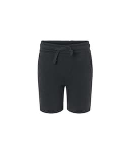 A pair of black toddler sweatshorts with an elastic waistband and adjustable drawstring.