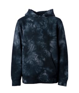 A tie-dye pullover hood in dark navy and black, featuring a front pocket and a hood. Includes a logo.