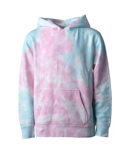 A youth pullover hoodie in a pastel tie-dye pattern, featuring shades of pink and blue, with a front pocket and hood.