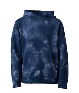 A navy tie-dye pullover hood with a front pocket and a hood. It features a logo on the garment.