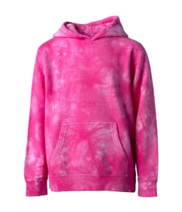 A youth pullover hood in vibrant pink tie-dye pattern with a front pocket and a hood.